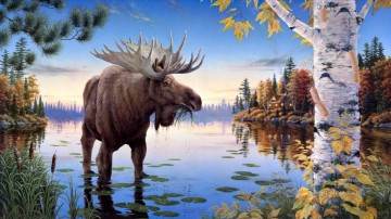 動物 Painting - 秋の威厳のあるエルク湖の葦の木 松 樺の秋の家